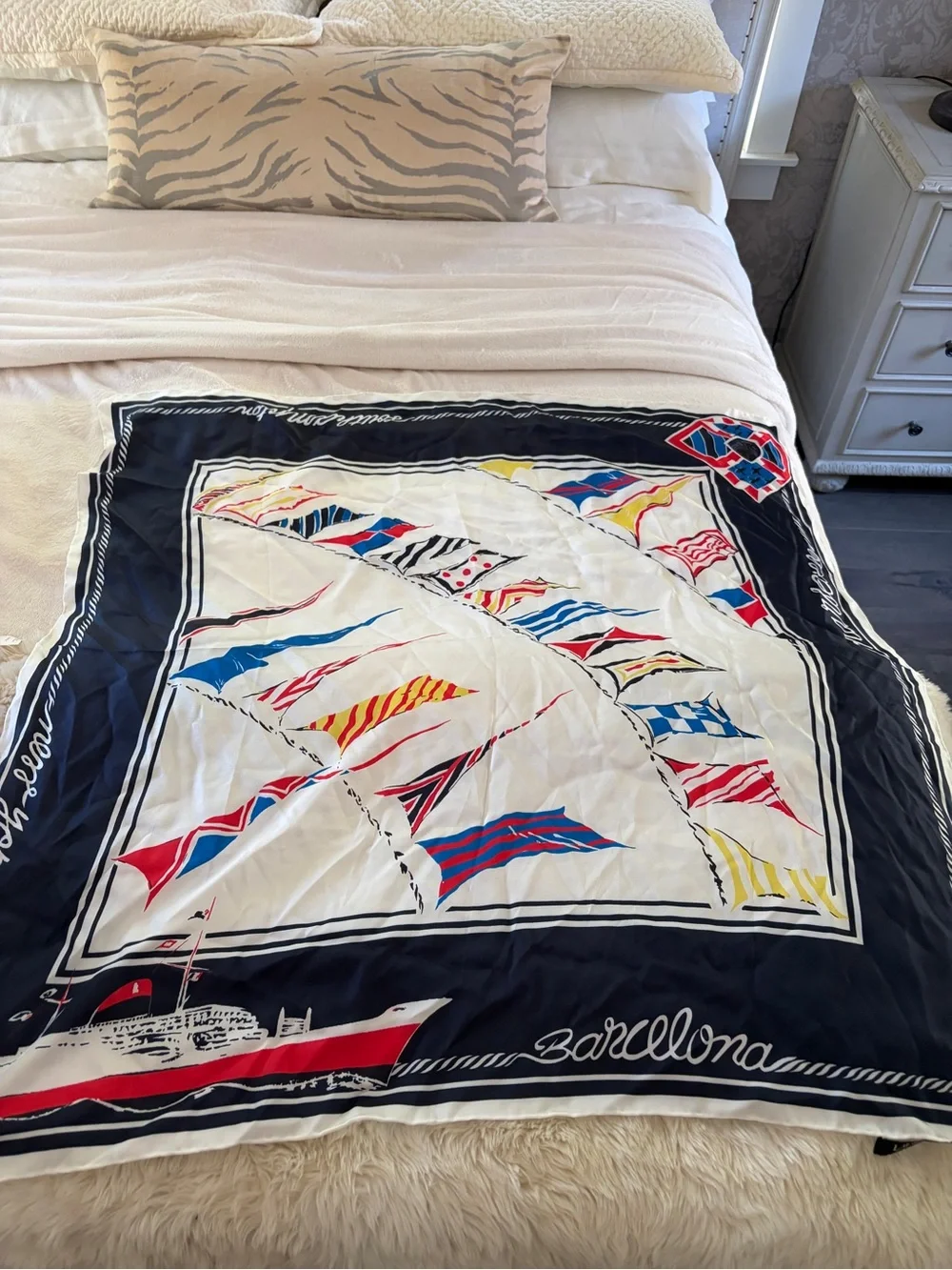 Nautical Print silk scarf Ralph Lauren  - Navy, White, Red flags boat